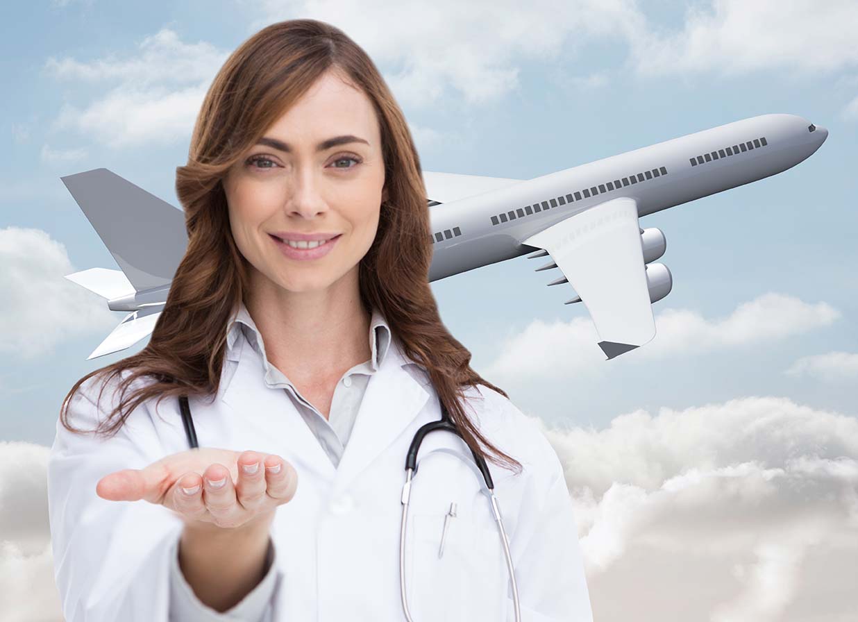 Travel nurse with airplane in the back